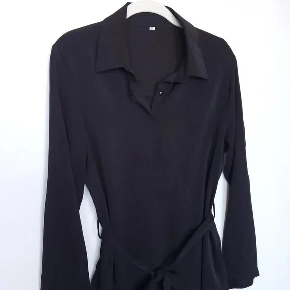 Black Shirt Mini Dress With Belt Size Medium Tunic Long Sleeve ButtonUp Collared - Picture 7 of 16